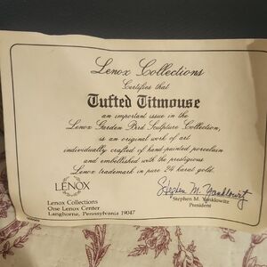 Lenox Garden Bird Sculpture Collection Certificate For Tufted Titmouse